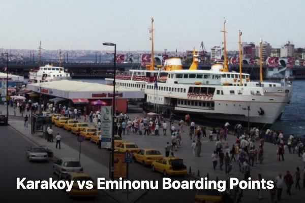 Passenger ferries moored at the Eminonu waterfront in Istanbul with crowds and taxis on the quay